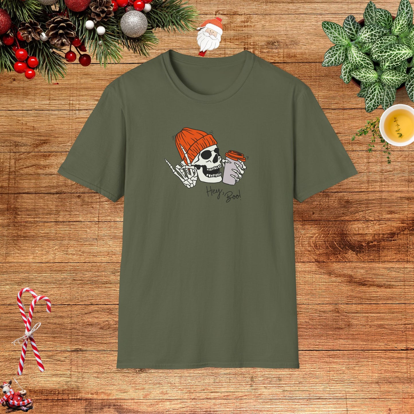 "Hello Boo" Skeleton Friend Beanie and Coffee T-Shirt