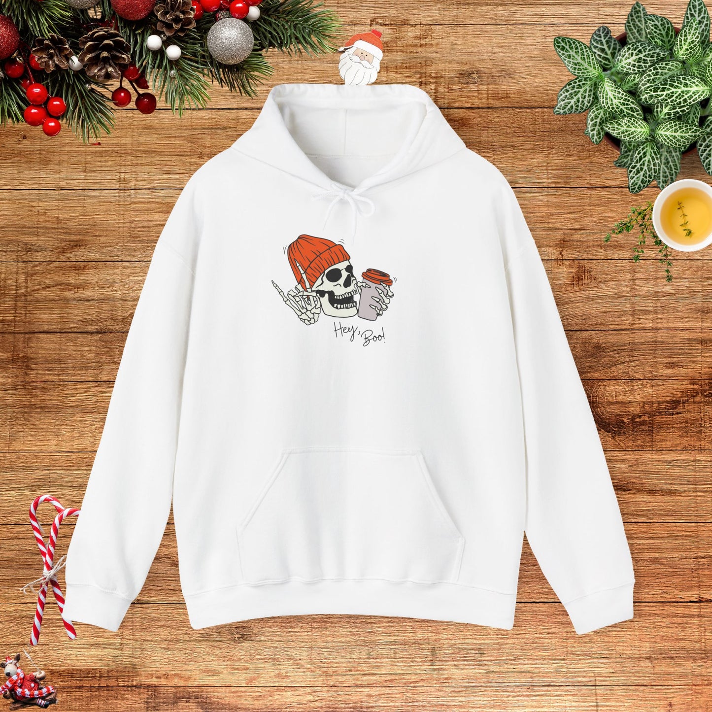 "Hello Boo" Skeleton Friend Beanie and Coffee Hooded Sweatshirt