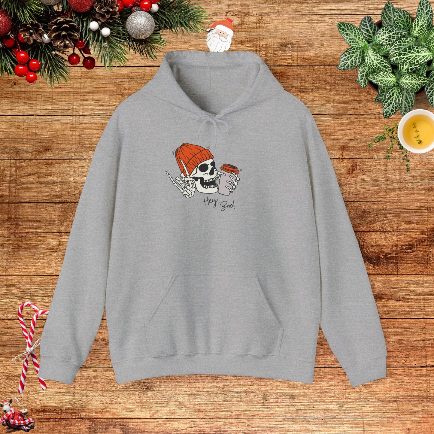 "Hello Boo" Skeleton Friend Beanie and Coffee Hooded Sweatshirt