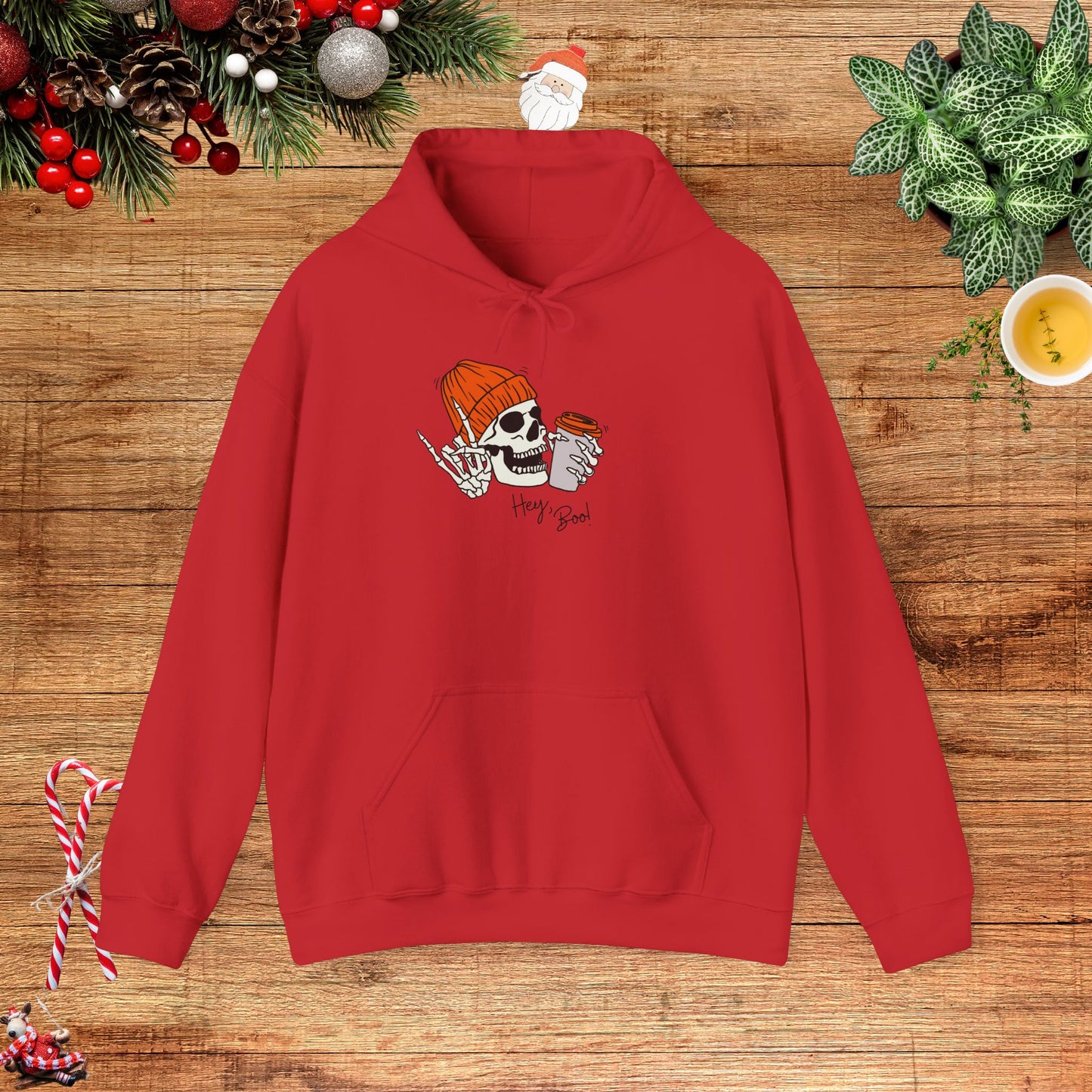 "Hello Boo" Skeleton Friend Beanie and Coffee Hooded Sweatshirt