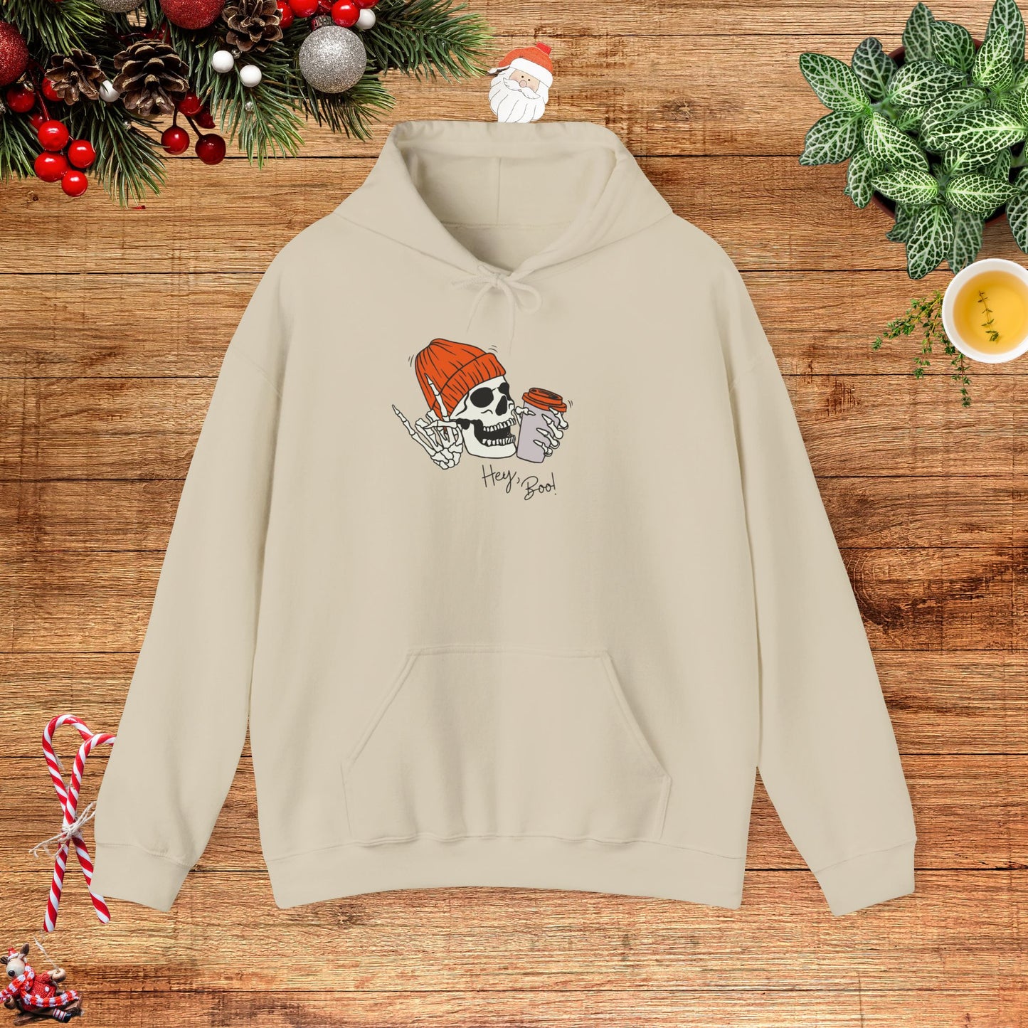 "Hello Boo" Skeleton Friend Beanie and Coffee Hooded Sweatshirt