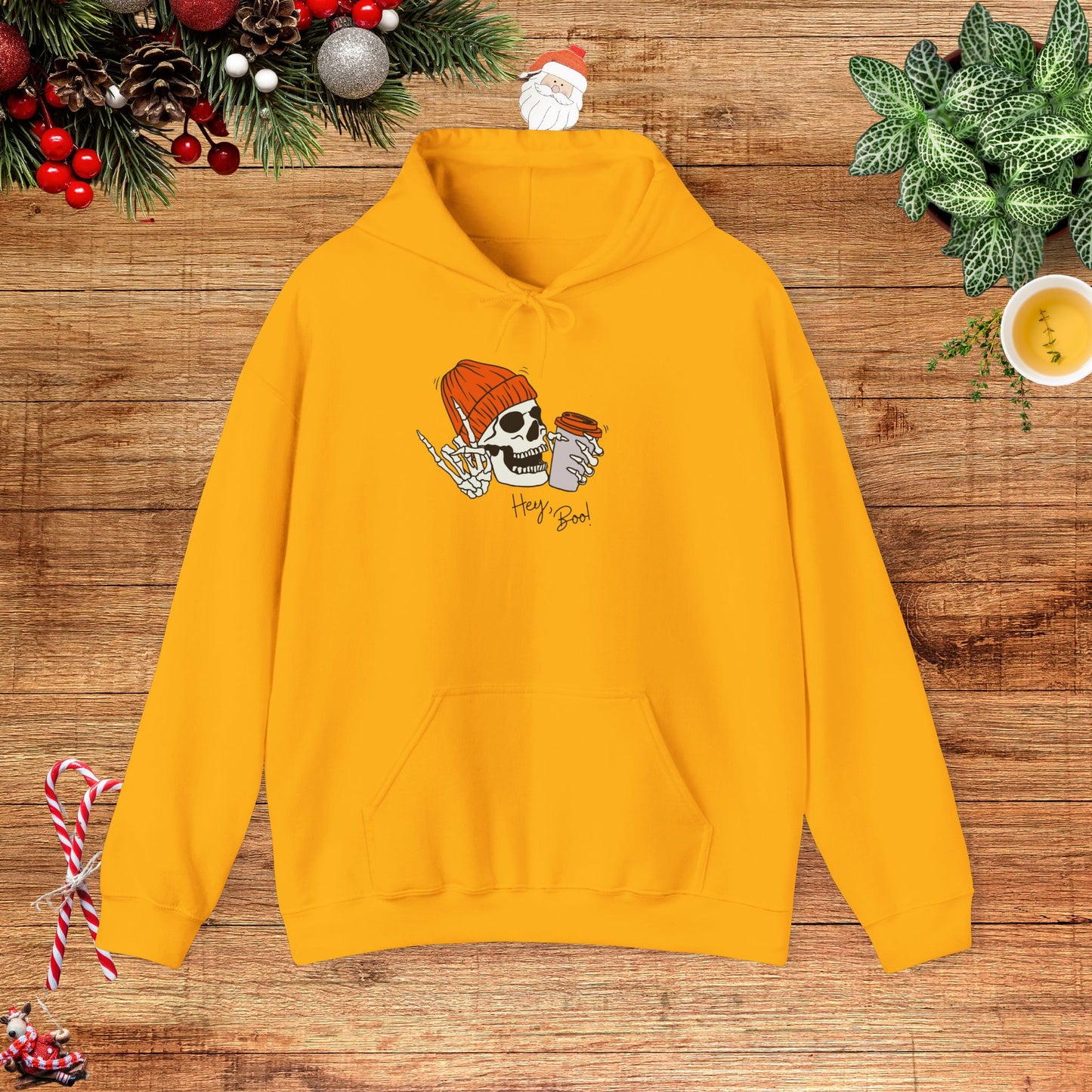 "Hello Boo" Skeleton Friend Beanie and Coffee Hooded Sweatshirt