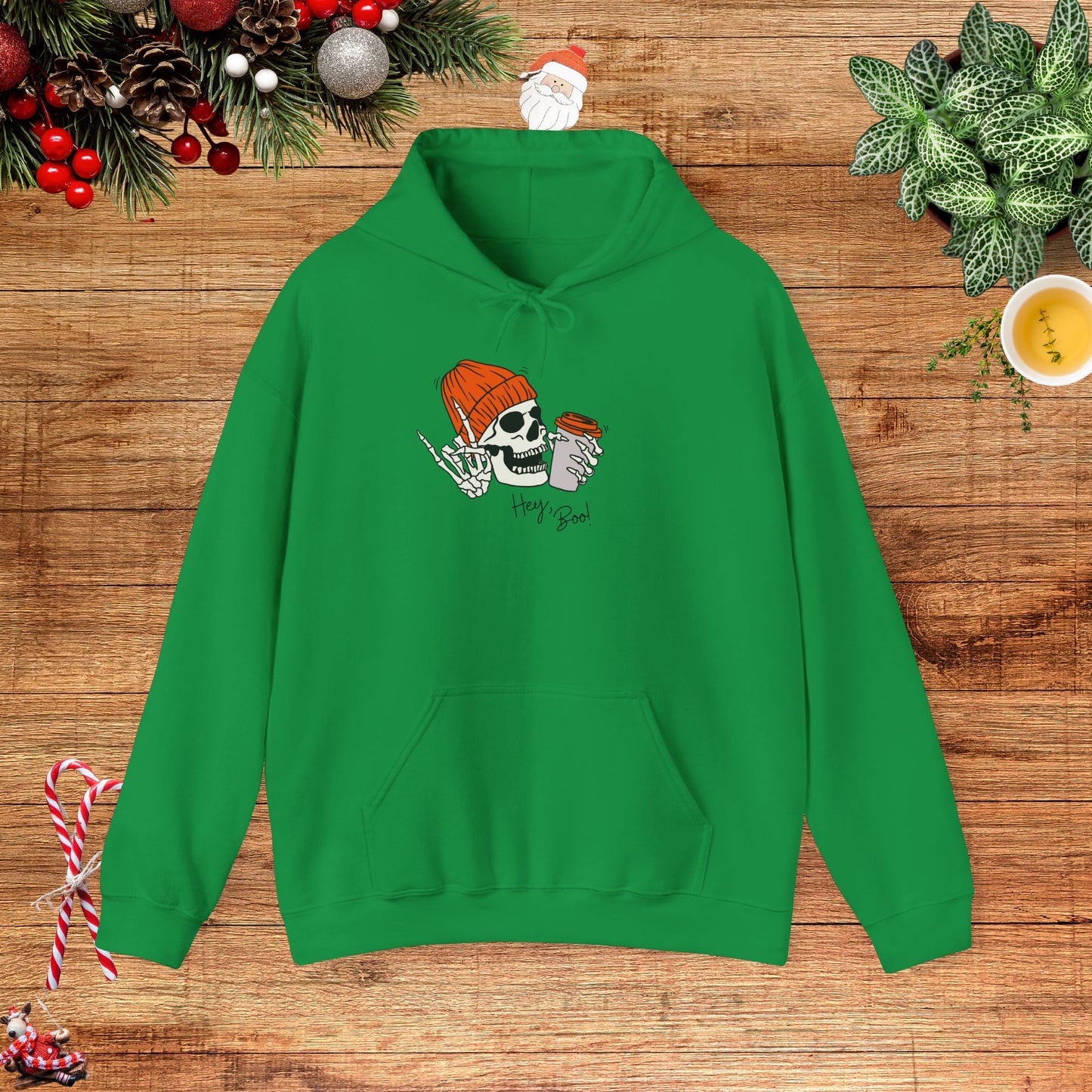 "Hello Boo" Skeleton Friend Beanie and Coffee Hooded Sweatshirt