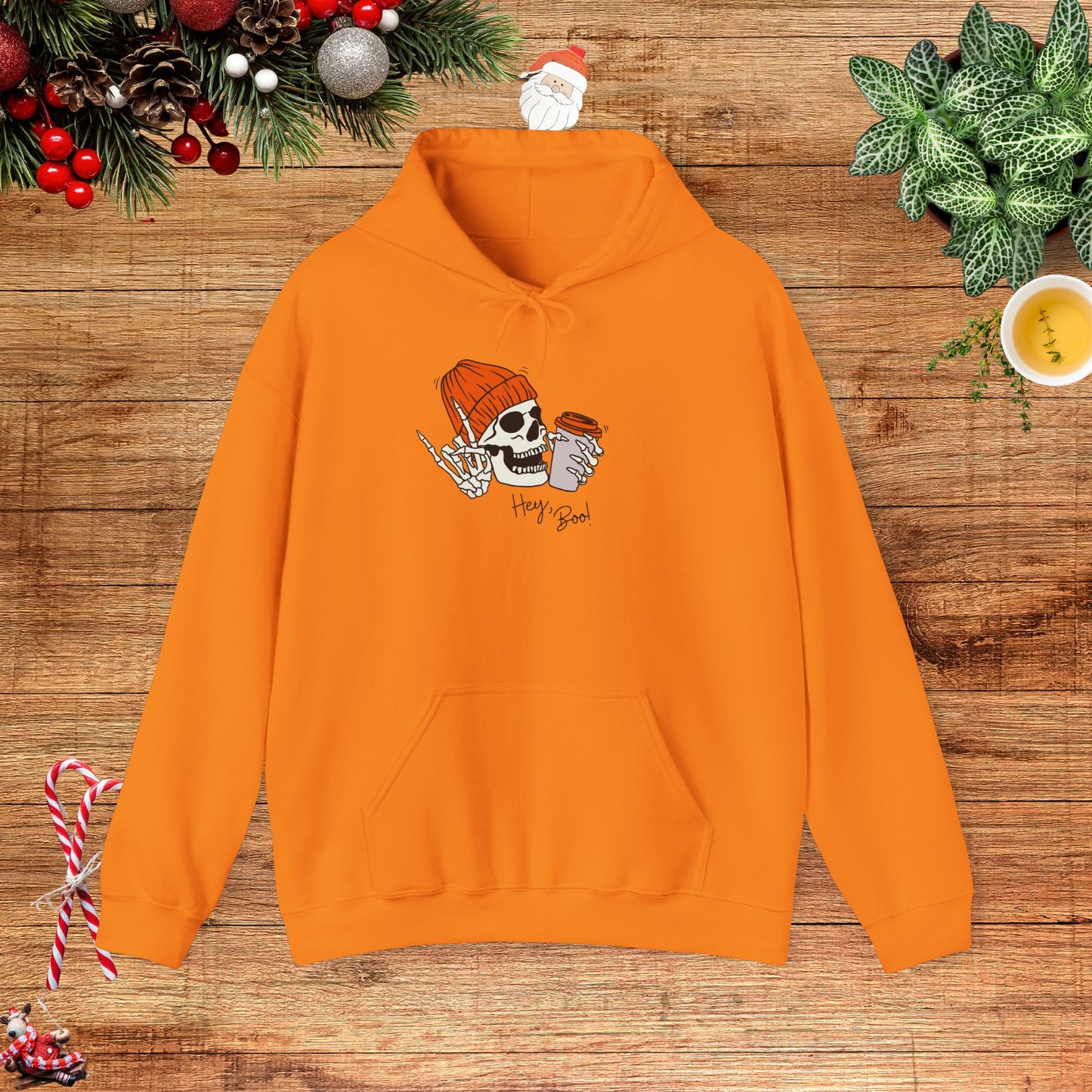 "Hello Boo" Skeleton Friend Beanie and Coffee Hooded Sweatshirt