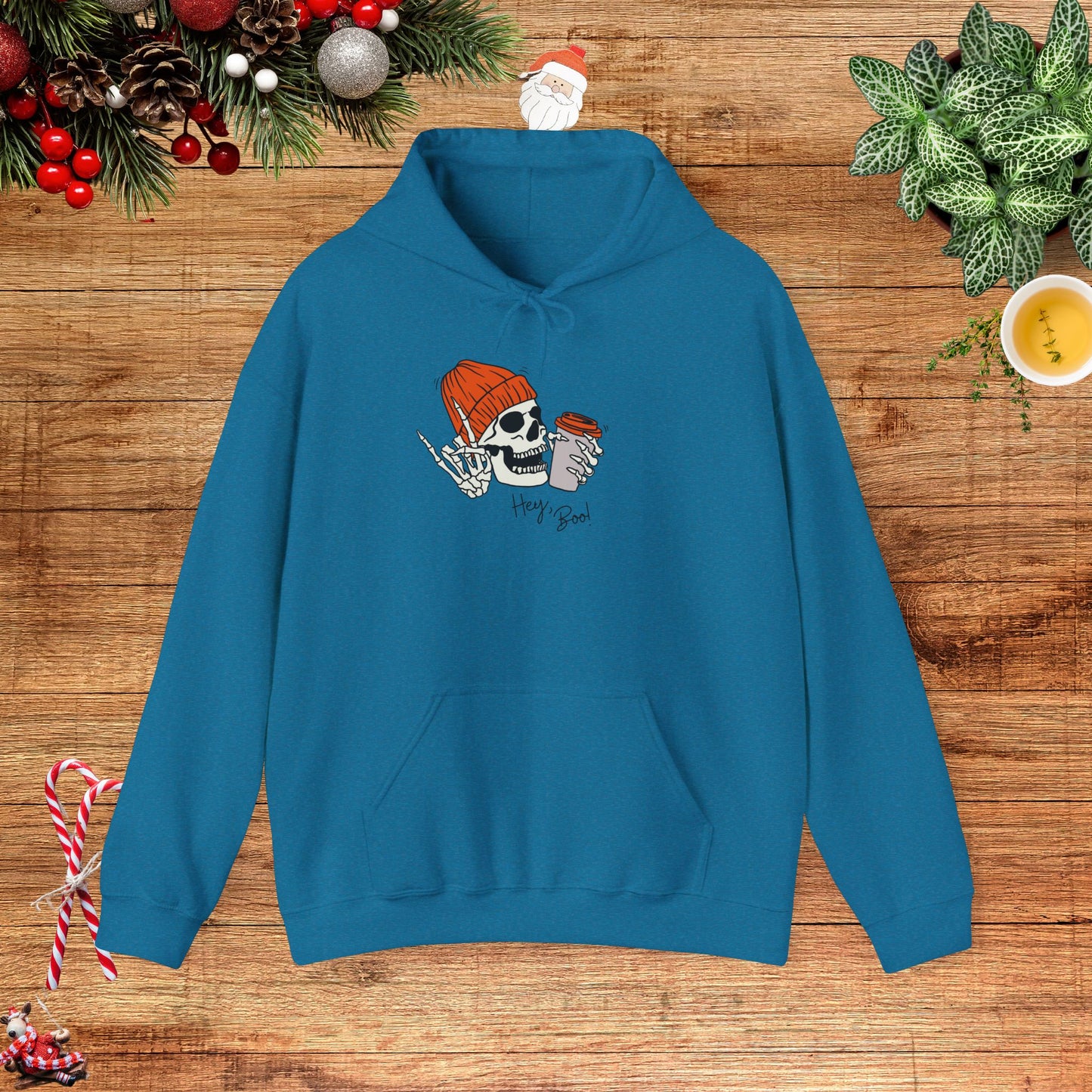 "Hello Boo" Skeleton Friend Beanie and Coffee Hooded Sweatshirt