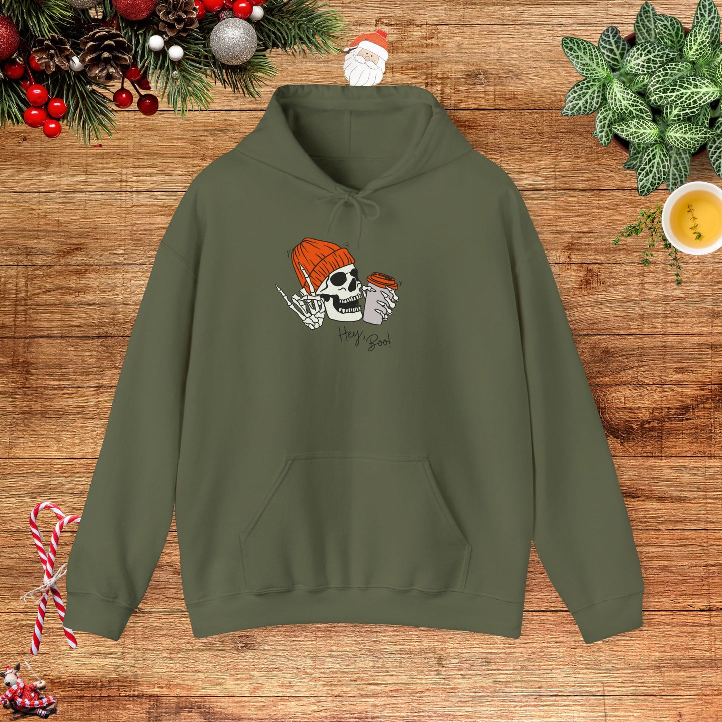 "Hello Boo" Skeleton Friend Beanie and Coffee Hooded Sweatshirt