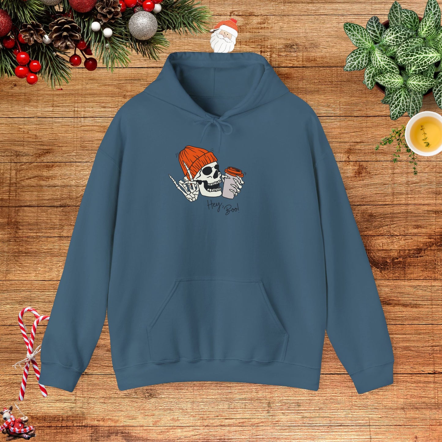 "Hello Boo" Skeleton Friend Beanie and Coffee Hooded Sweatshirt