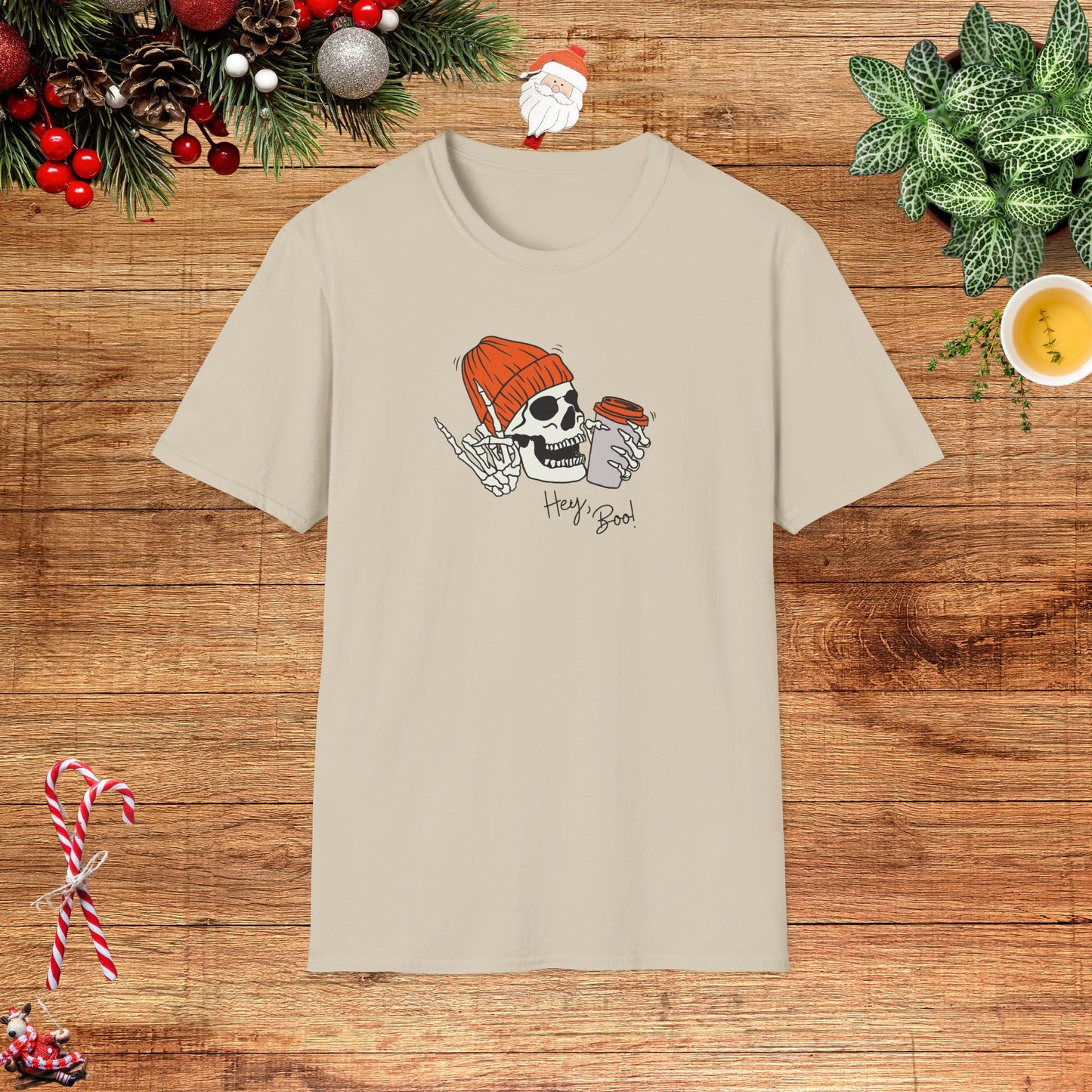 "Hello Boo" Skeleton Friend Beanie and Coffee T-Shirt