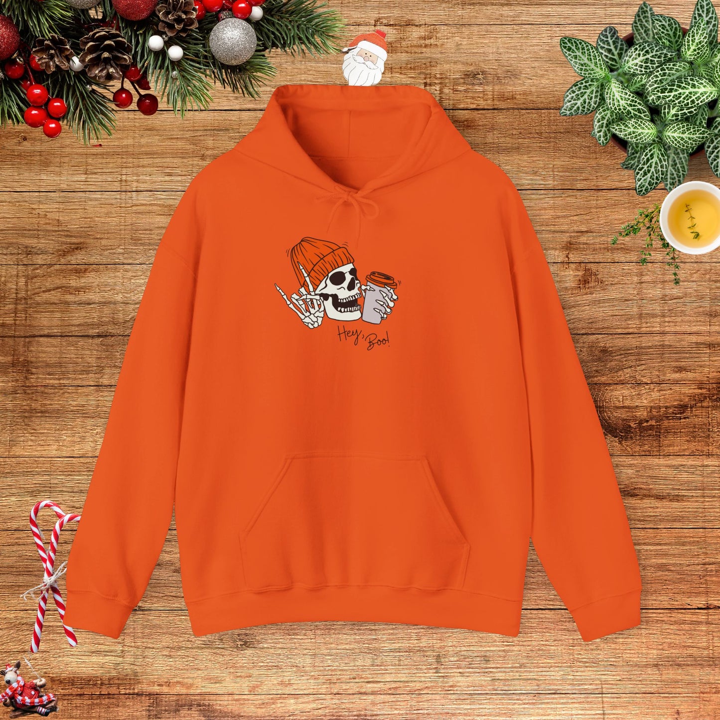 "Hello Boo" Skeleton Friend Beanie and Coffee Hooded Sweatshirt