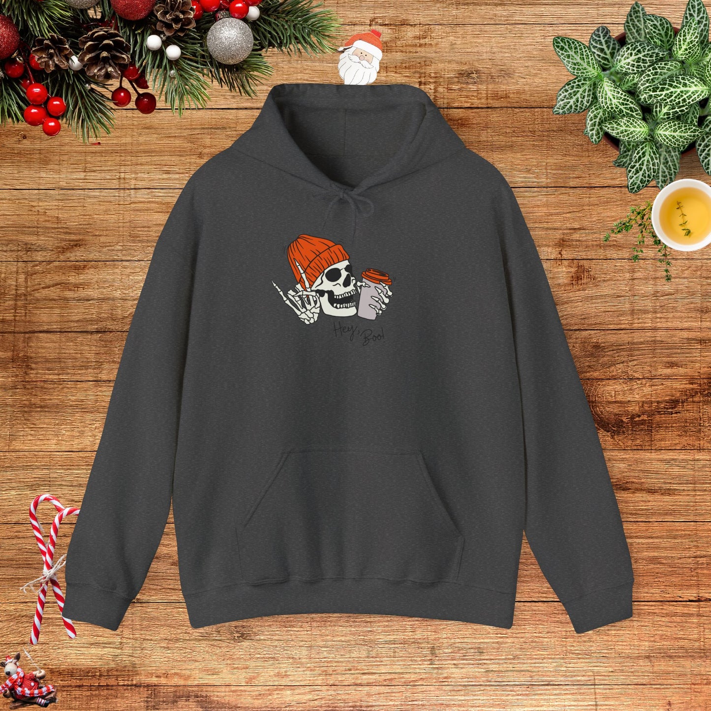 "Hello Boo" Skeleton Friend Beanie and Coffee Hooded Sweatshirt